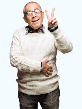 Gözlük ve mutlu yüz zafer işareti yaparken kameraya göz kırpıyor ile gülümseyen kış kazak giymiş yakışıklı komuta sizde. İki numaralı.