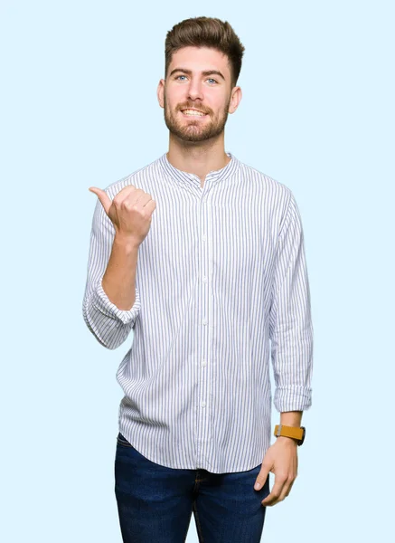 Young Handsome Man Smiling Happy Face Looking Pointing Side Thumb — Stock Photo, Image