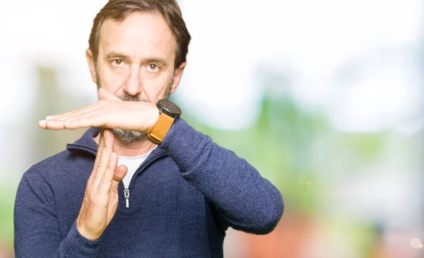 Middle Age Handsome Man Wearing Sweater Doing Time Out Gesture — Stock Photo, Image