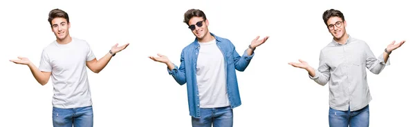 Kolaż Młodego Przystojnego Mężczyzny Noszenie Okularów Przeciwsłonecznych Białym Tle Uśmiechnięty — Zdjęcie stockowe