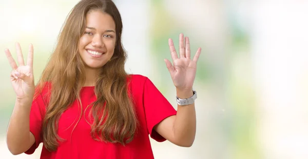 Jeune Belle Femme Brune Portant Shirt Rouge Sur Fond Isolé — Photo