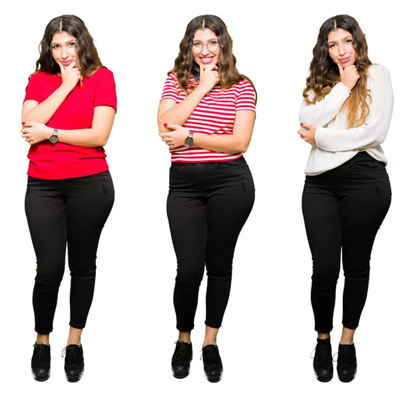 Collage Einer Schönen Jungen Frau Vor Weißem Hintergrund Die Selbstbewusst — Stockfoto