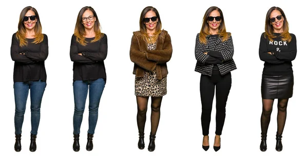 Collage Hermosa Mujer Mediana Edad Con Gafas Sol Sobre Fondo — Foto de Stock