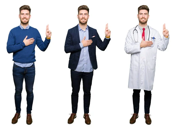 Collage Handsome Young Professional Man White Isolated Background Swearing Hand — Stock Photo, Image