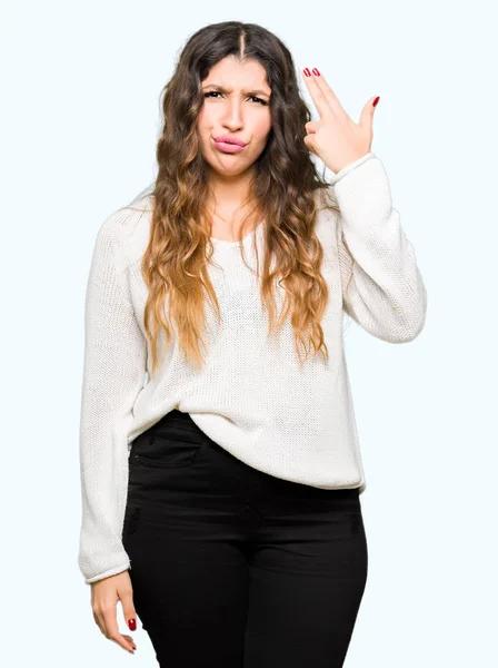 Young Beautiful Woman Wearing White Sweater Shooting Killing Oneself Pointing — Stock Photo, Image
