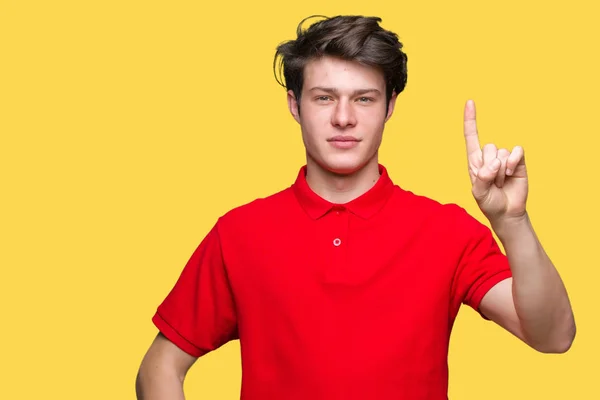 Young Handsome Man Wearing Red Shirt Isolated Background Showing Pointing — Stock Photo, Image