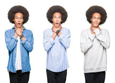 Beyaz izole arka plan üzerinde afro saçlı genç adamın kolaj bağırarak ve boğulma kısık çünkü acı boğmak. Sağlık sorunu. Boğulma ve intihar kavramı.