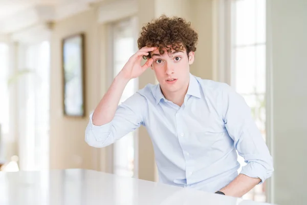 Young Business Man Curly Read Head Worried Stressed Problem Hand — 스톡 사진