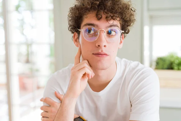 Young Handsome Man Wearing Glasses Hand Chin Thinking Question Pensive — Stock Photo, Image