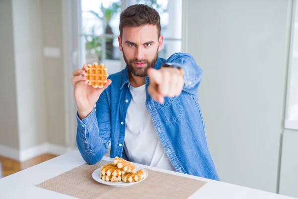 Handsome Man Eating Sweet Belgian Pancakes Pointing Finger Camera You — Stock Photo, Image