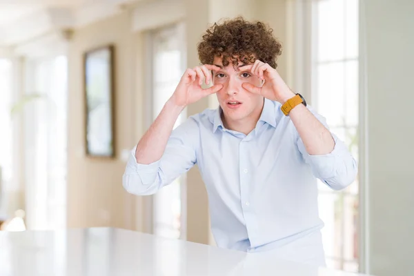 Young Business Man Curly Read Head Trying Open Eyes Fingers — Stock Photo, Image