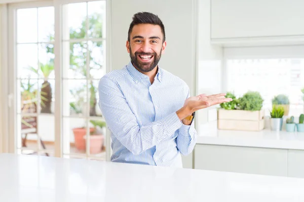 Handsome Hispanic Business Man Pointing Side Hand Open Palm Presenting — Stock Photo, Image