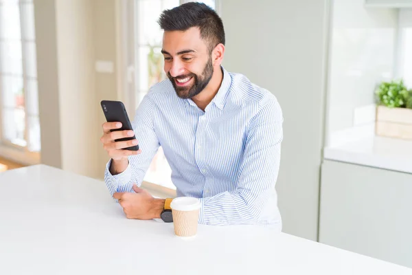 Handsome Hispanic Business Man Drinking Coffee Using Smartphone Happy Face — Stock Photo, Image