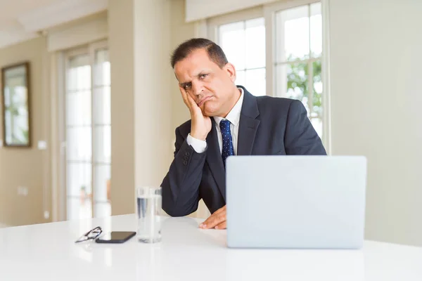 Middle Age Business Man Working Computer Laptop Thinking Looking Tired — Stock Photo, Image