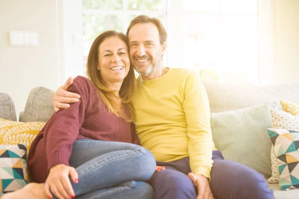 Middle Age Romantic Couple Sitting Sofa Home — Stock Photo, Image