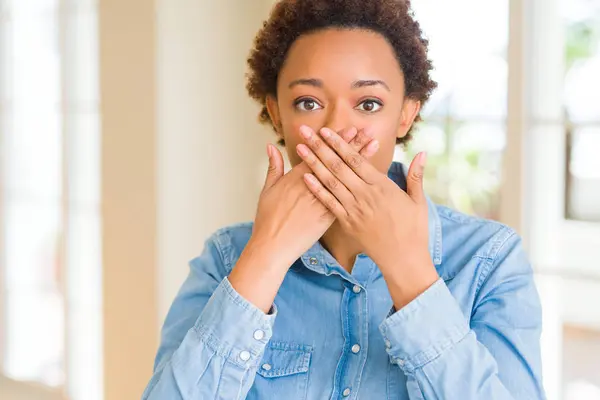 Young Beautiful African American Woman Shocked Covering Mouth Hands Mistake — Stock Photo, Image