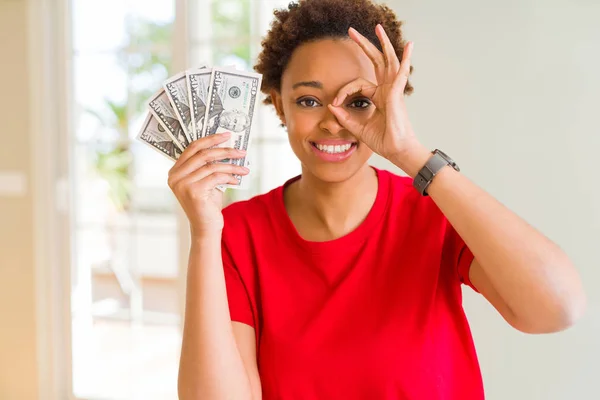 Young African American Woman Holding Bank Notes Fifty Dollars Happy — 스톡 사진