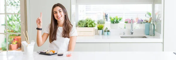 Wide Angle Picture Beautiful Young Woman Eating Asian Sushi Delivery — 스톡 사진