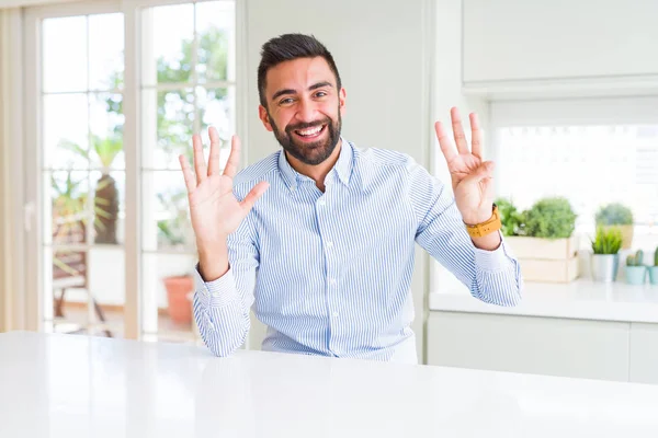 Handsome Hispanic Business Man Showing Pointing Fingers Number Eight While — Stock Photo, Image