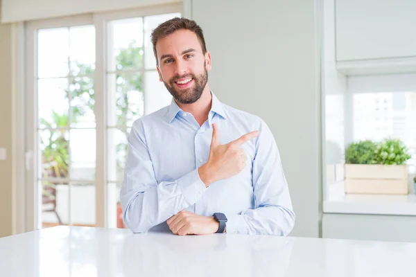 Handsome Business Man Cheerful Smile Face Pointing Hand Finger Side — Stock Photo, Image