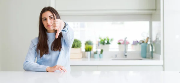 Wide Angle Picture Beautiful Young Woman Sitting White Table Home — Stock Photo, Image