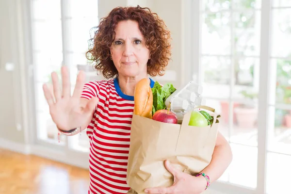 Senior Woman Holding Paper Bag Full Fresh Groceries Supermarket Open — Stock Photo, Image