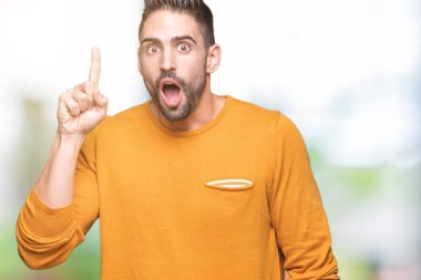 Yakışıklı delikanlı ile başarılı fikir parmağı yukarıyı izole arka plan üzerinde. Çıktıktan ve mutlu. Bir numara.