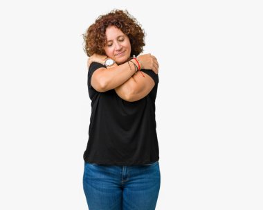 Güzel orta ager üst düzey kadın kendini mutlu ve olumlu sarılma, kendinden emin gülümseyen arka plan izole. Kendi aşk ve öz bakım