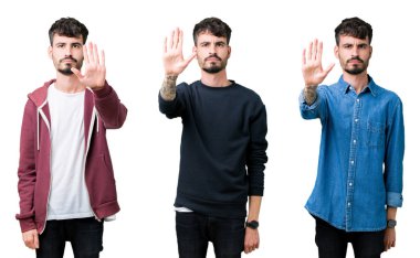 Izole arka plan üzerinde genç adamın kolaj avuç içi ile şarkı durdurmak yapıyor. Yüzünde olumsuz ve ciddi bir jest olan uyarı ifadesi.