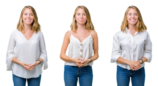 Colagem Bela Mulher Loira Sobre Fundo Isolado Branco Mãos Juntas — Fotografia de Stock