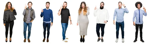Collage Personnes Sur Fond Blanc Isolé Pointant Doigt Avec Une — Photo
