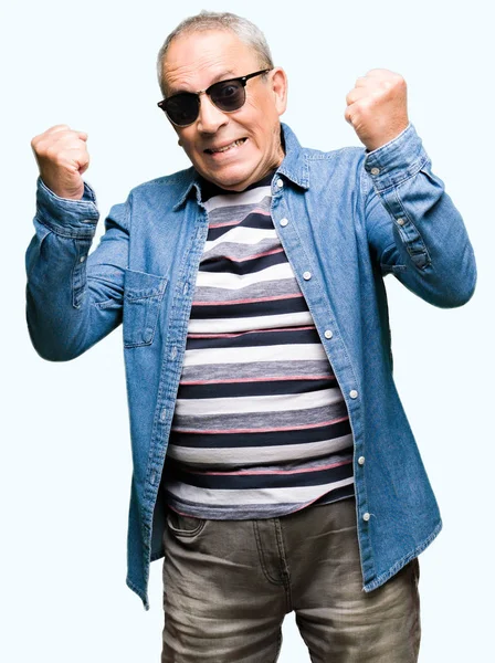 Handsome Senior Man Wearing Denim Jacket Sunglasses Very Happy Excited — Stock Photo, Image