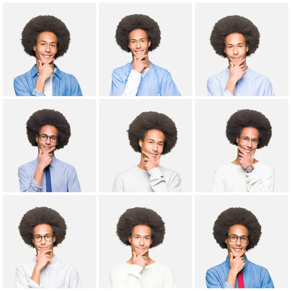 Collage Giovane Uomo Con Capelli Afro Sfondo Bianco Isolato Guardando — Foto Stock