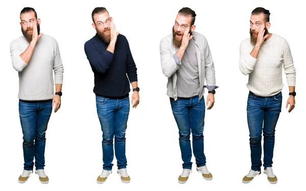 Collage Young Man Bun White Isolated Background Hand Mouth Telling — Stock Photo, Image