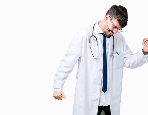 Young Doctor Man Wearing Hospital Coat Isolated Background Dancing Happy — Stock Photo, Image