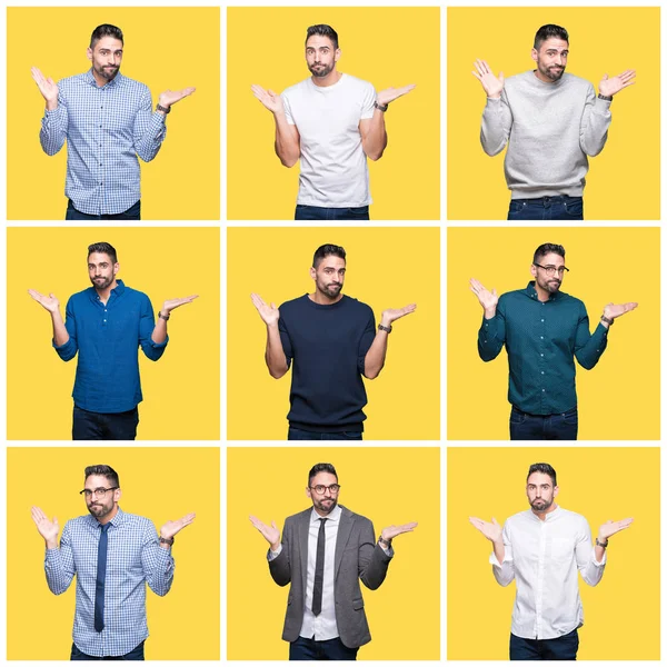 Collage Handsome Man Yellow Isolated Background Clueless Confused Expression Arms — Stock Photo, Image