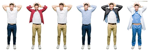 Collage Jeune Homme Attrayant Sur Fond Blanc Isolé Posant Drôle — Photo