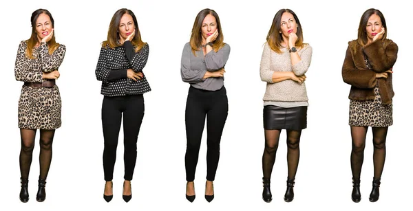 Collage Einer Eleganten Frau Mittleren Alters Vor Isoliertem Weißem Hintergrund — Stockfoto