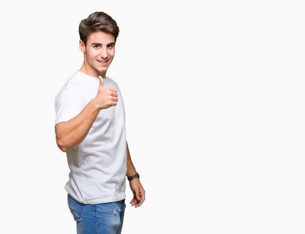 Giovane Bell Uomo Che Indossa Shirt Bianca Sfondo Isolato Facendo — Foto Stock