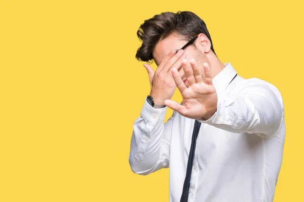 Young Business Man Wearing Glasses Isolated Background Covering Eyes Hands — Stock Photo, Image
