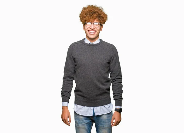 Homem Negócios Bonito Jovem Com Cabelo Afro Usando Óculos Com — Fotografia de Stock