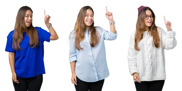 Collage Vackra Unga Kvinnan Över Isolerade Bakgrund Pekar Finger Med — Stockfoto