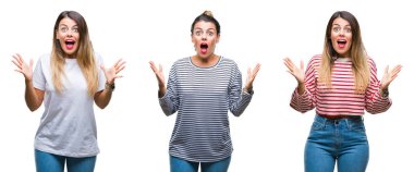 Genç güzel kadın deli kutluyor ve silah ile başarı için heyecanlı çığlık kaldırdı ve açık gözleri hayret izole arka plan yüzünden kolaj. Kazanan kavramı