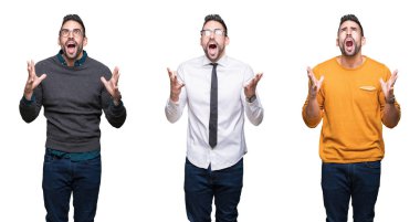 Beyaz izole arka plan çılgın ve deli bağırma ve agresif ifade ve kollar ile bağırarak üzerinde yakışıklı adam kolaj kaldırdı. Hayal kırıklığı kavramı.