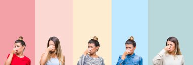 Renkli vintage şeritler üzerinde genç güzel kadın kolaj izole arka plan bir şey kokulu ve, dayanılmaz koku, burun parmakları ile nefes tutarak. Kötü kokular kavramı.