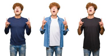 Izole beyaz arka plan üzerinde kıvırcık saçlı genç erkeklerin kolaj şaşırmış ve şaşırttı yukarı bakarak ve parmakları ile işaret ve kolları kaldırdı.