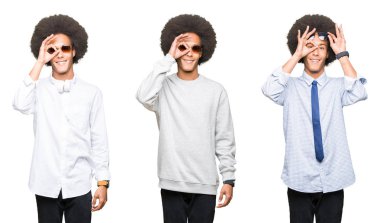 Gülümseyen, parmakları ile mutlu yüz üzerinden seyir göz el ile ok jest yapıyor beyaz izole arka plan üzerinde afro saçlı Genç adam kolaj.