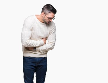 Yakışıklı delikanlı üzerinde gözlük takan izole mide üzerinde el ile arka plan çünkü mide bulantısı, ağrılı hastalık hasta hissediyor. Ağrısı kavramı.