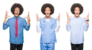 Deli kutluyor ve silah ile başarı için heyecanlı çığlık kaldırdı ve açık gözleri hayret beyaz izole arka plan üzerinde afro saçlı Genç adam kolaj. Kazanan kavramı