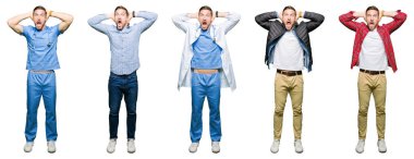 Beyaz izole arka plan crazy üzerinde çekici genç adam Kolaj ve baş elleri ile korkmuş, korkmuş ve açık ağız ile şok şaşırttı